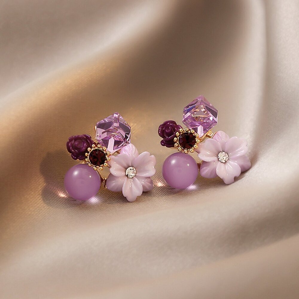 Cute Purple Vintage Floral Elegant Chic Bling Rhinestone Studs Earrings Set